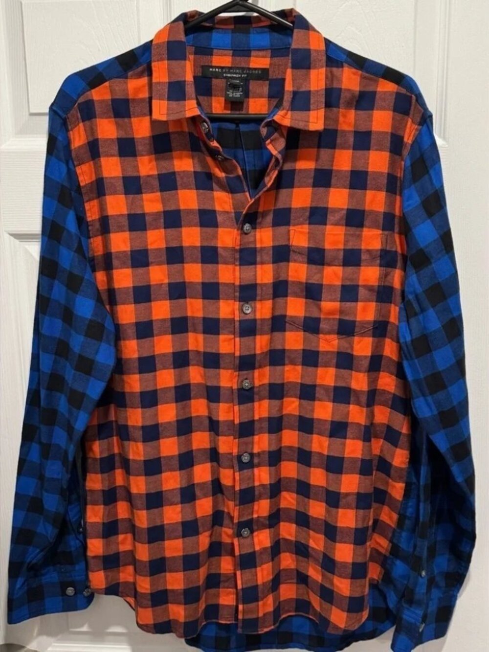 Marc Jacobs plaid buffalo check orange blue flannel buttons shrunken fit slim m